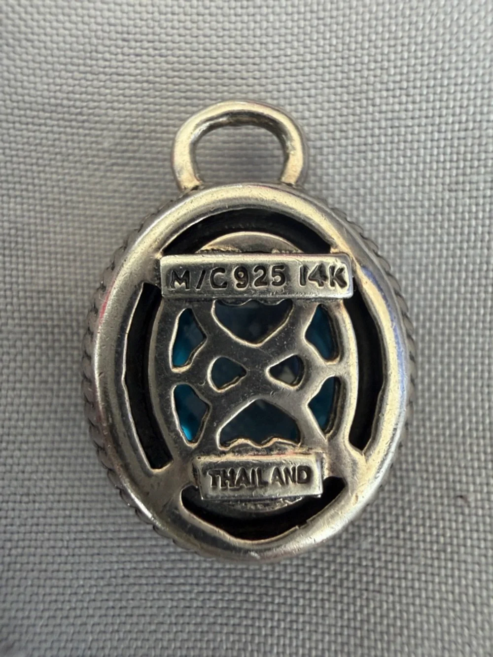 Blue Topaz Vintage M/C 925 Sterling Silver 14K Gold Statement Gemstone Pendant